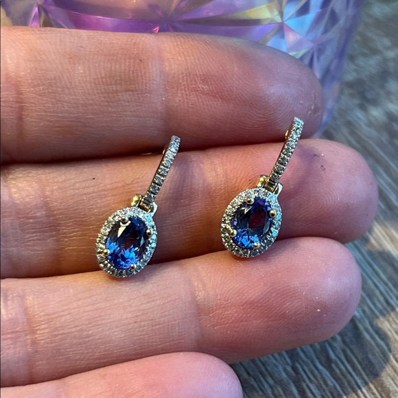 14k Gold diamond tanzanite Drop Earrings. Oval Gemstones with diamond Pavé Halos - Picture 6 of 13